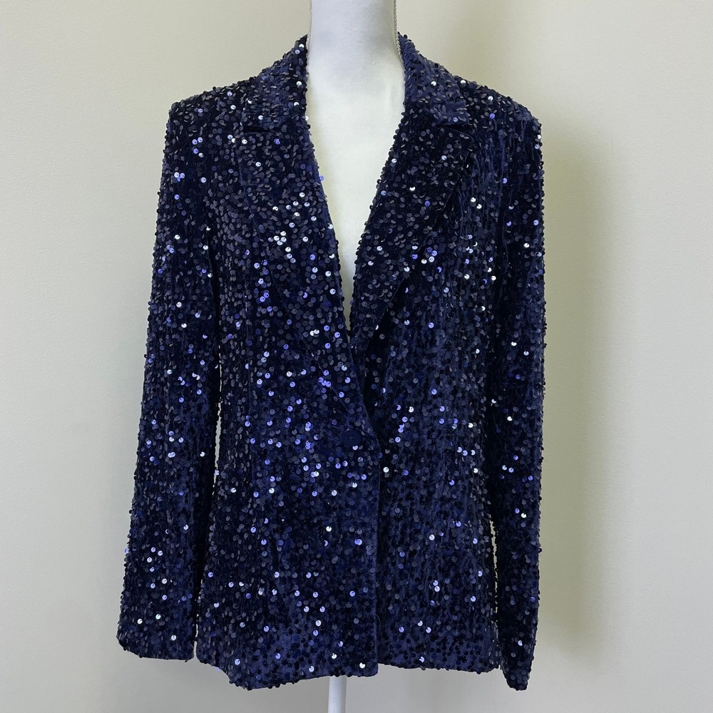 Nanette Lepore Navy Blue Sequin Blazer Jacket Medium Single Button Evening